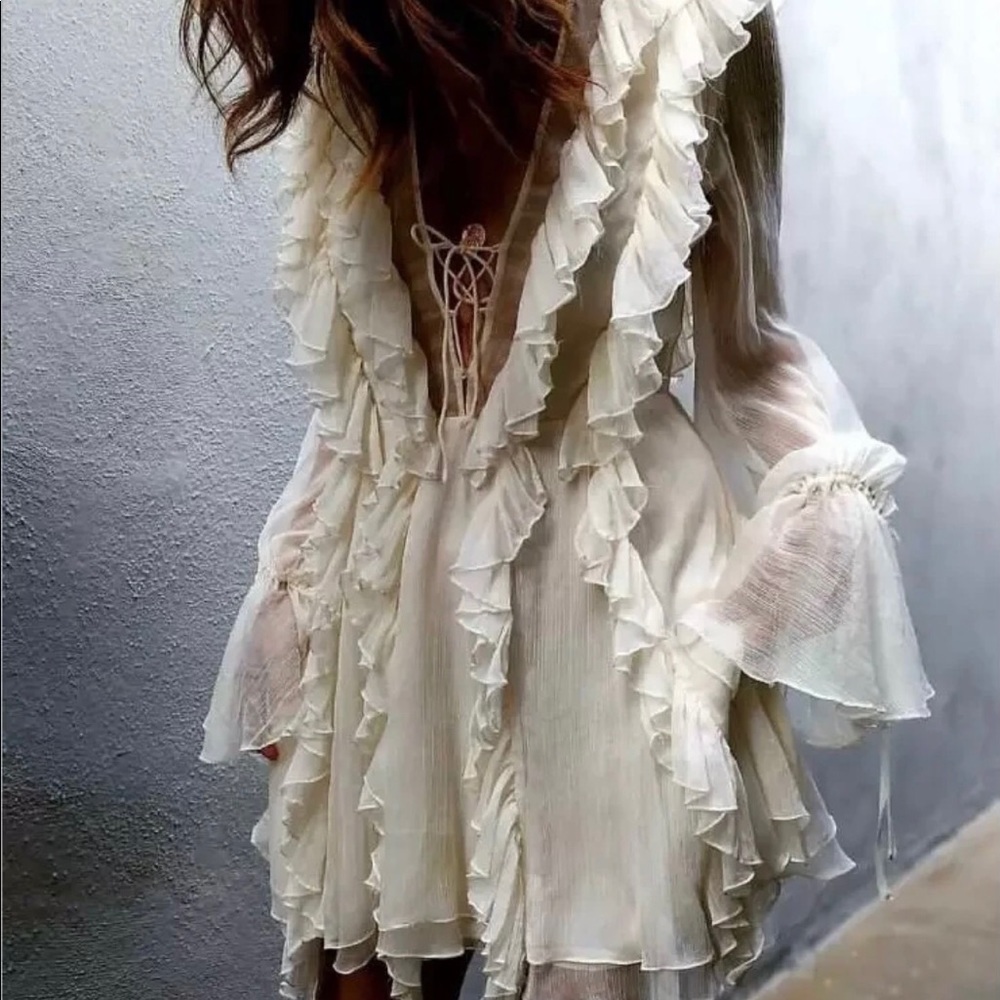 Dress lace up ruffle chic summer spring cream womens lace up - Picture 10 of 15